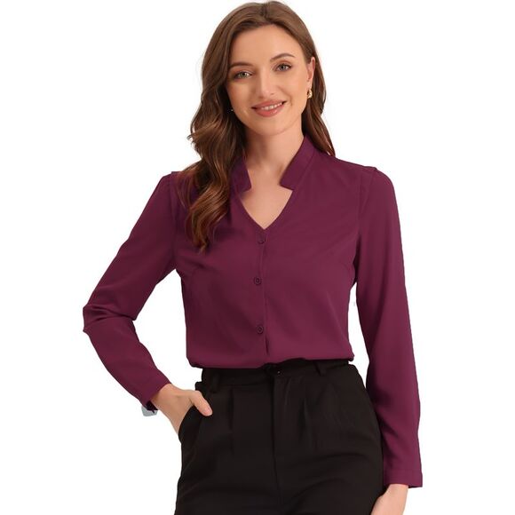 Blouse Button Up Long Sleeve V Neck Chiffon Shirt Purplish Red - Picture 1 of 4